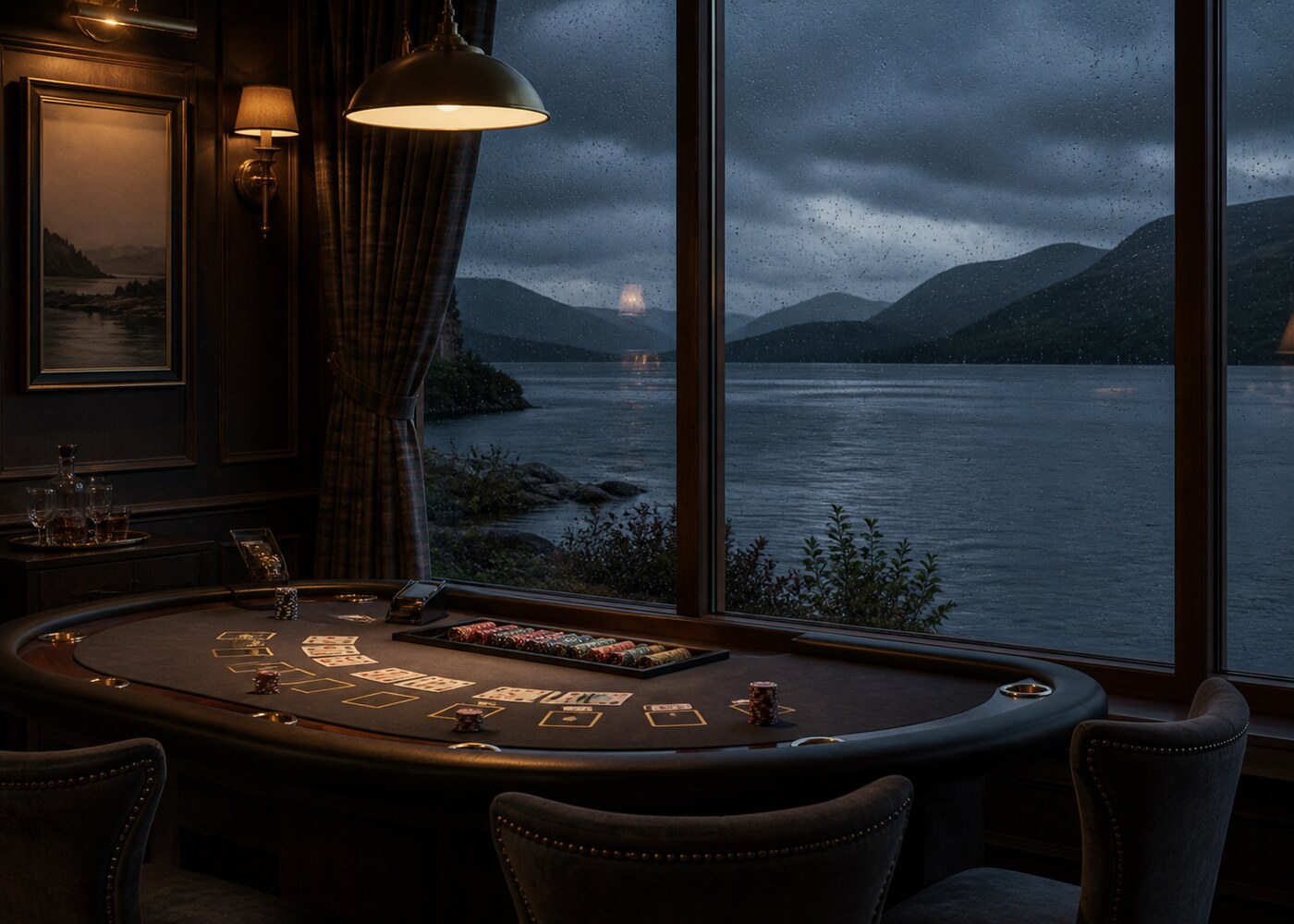 A card table with a night view across the loch